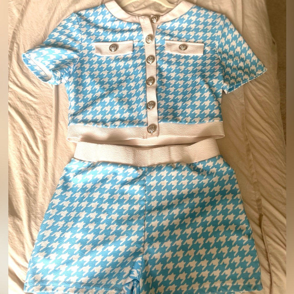 Blue and White Houndstooth Two-Piece Set